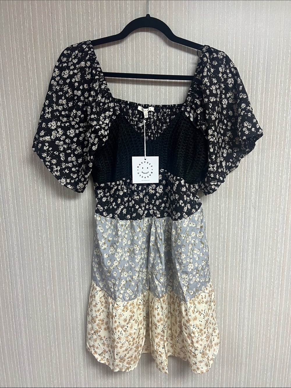 NWT M Floral Patchwork Mini Dress - w smock bodice on or off shoulder